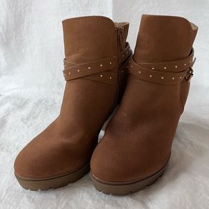 Report Brown Heeled Faux Suede Ankle Boots Buckle and Studs